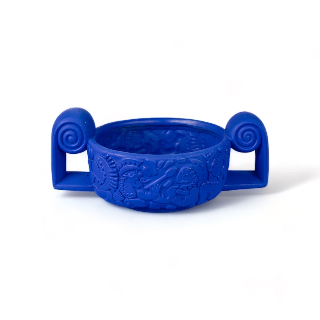 Seletti Magna Graecia Terracotta Centerpiece Blue, cobalt blue oval centerpiece with scrolled handles and carved frieze