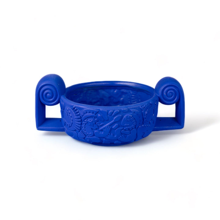 Seletti Magna Graecia Terracotta Centerpiece Blue, cobalt blue oval centerpiece with scrolled handles and carved frieze
