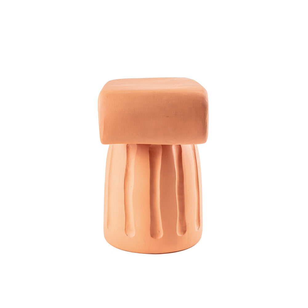 Seletti Magna Graecia Terracotta Capitello Stool, side view of the fluted column and flat seat