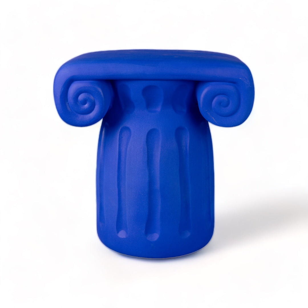 Seletti Magna Graecia Terracotta Capitello Stool Blue, cobalt blue Ionic capital stool with scroll volutes, front view