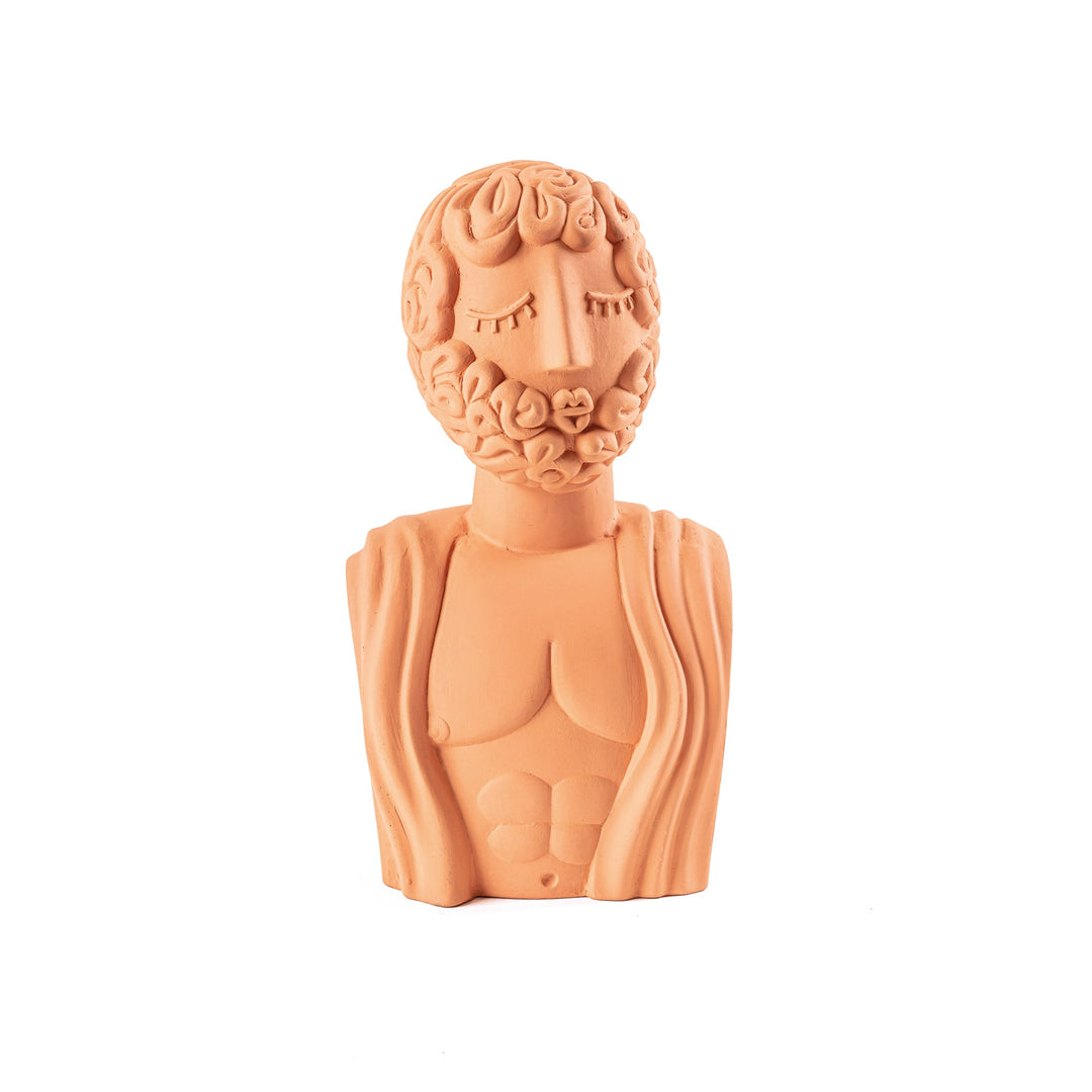 Seletti Magna Graecia Terracotta Bust Man, terracotta bust of a bearded man with sculpted curls and a draped tunic