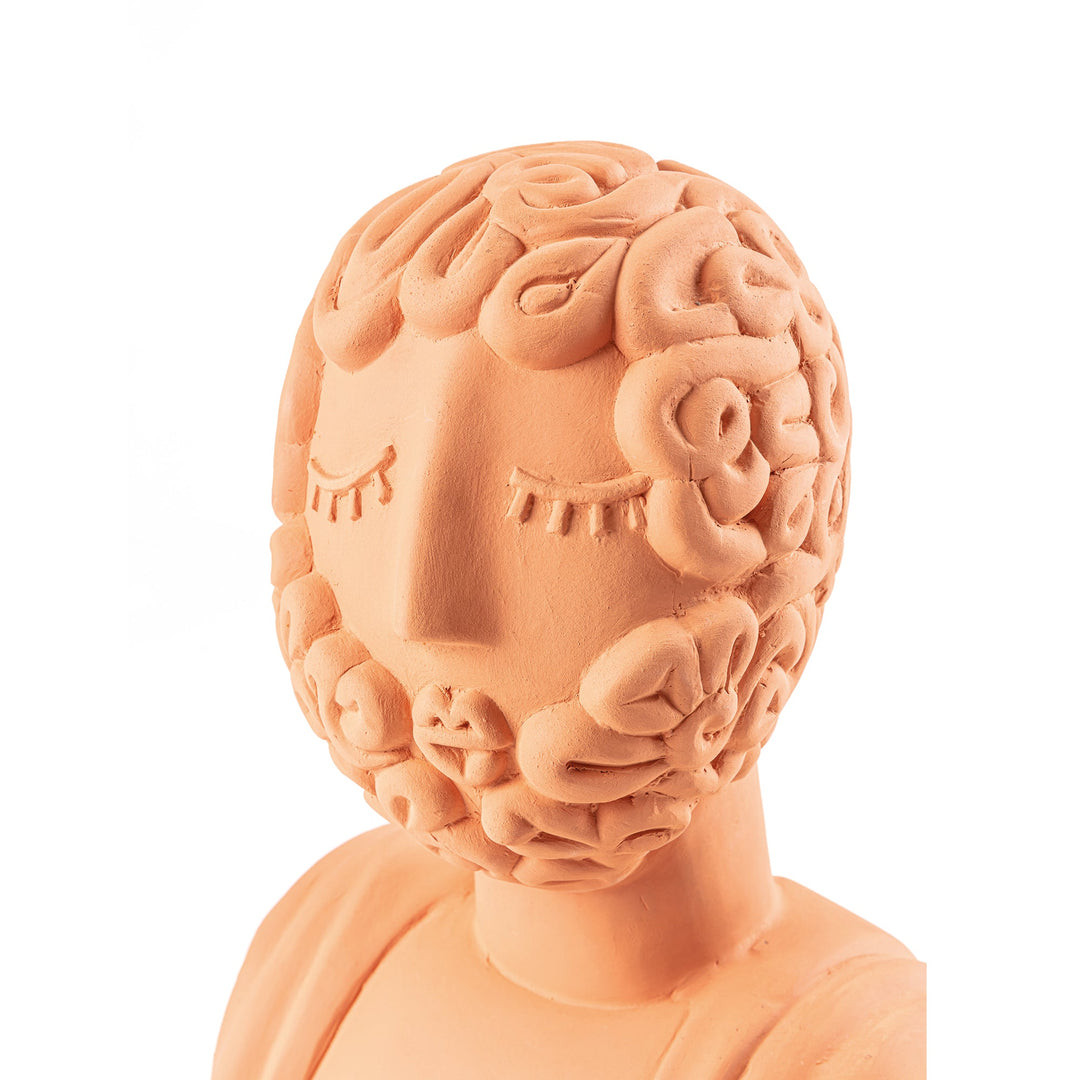 Seletti Magna Graecia Terracotta Bust Man, close-up of the stylized face with closed eyes and leafy curls