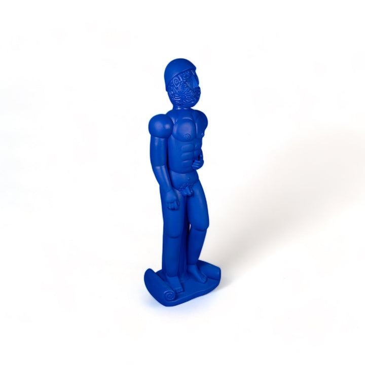 Seletti Magna Graecia Terracotta Bronzo Helmet Statue Blue, rear three-quarter view of the helmeted statue