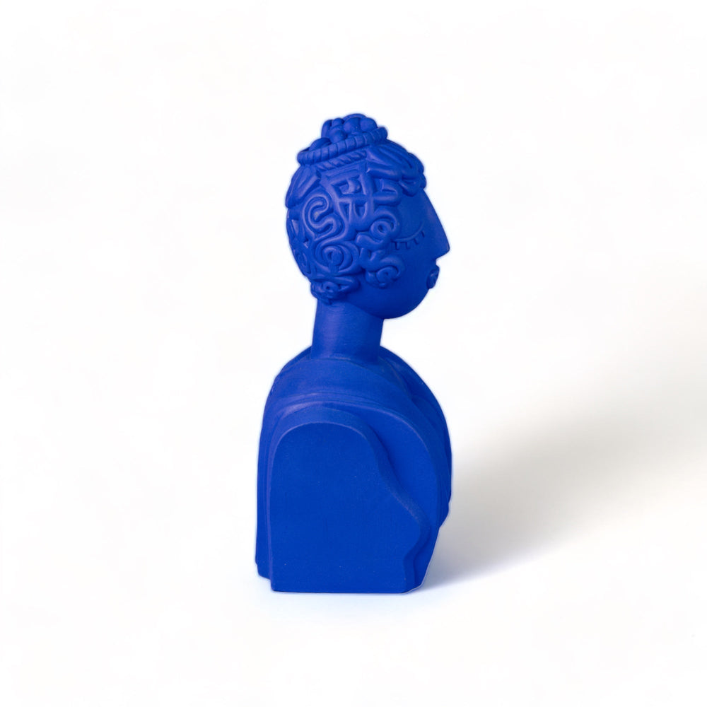 Seletti Magna Graecia Terracotta Bust Poppea Blue, side profile of Poppea's hair and draped neckline