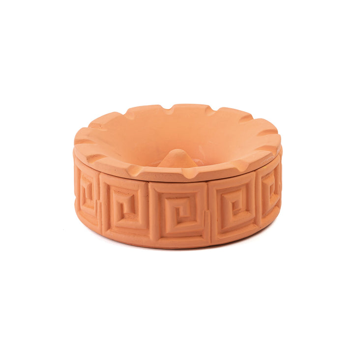 Seletti Magna Graecia Terracotta Ashtray Greche, round terracotta ashtray with a Greek key pattern and notched rim