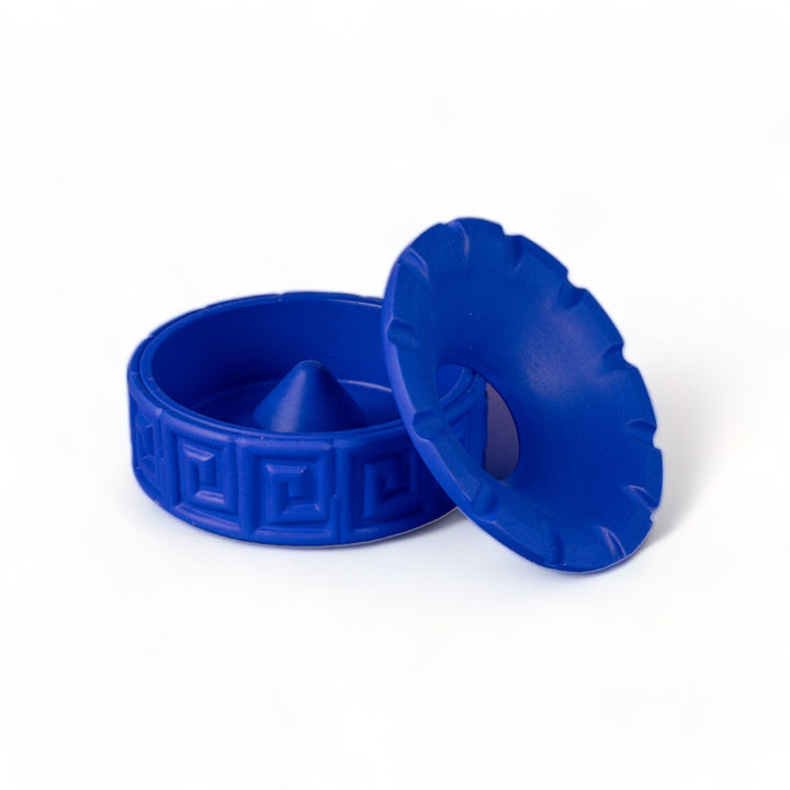 Seletti Magna Graecia Terracotta Ashtray Greche Blue, ashtray with its scalloped lid propped alongside