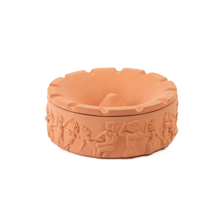 Seletti Magna Graecia Terracotta Ashtray Dialogues, round terracotta ashtray wrapped in a relief frieze of figures