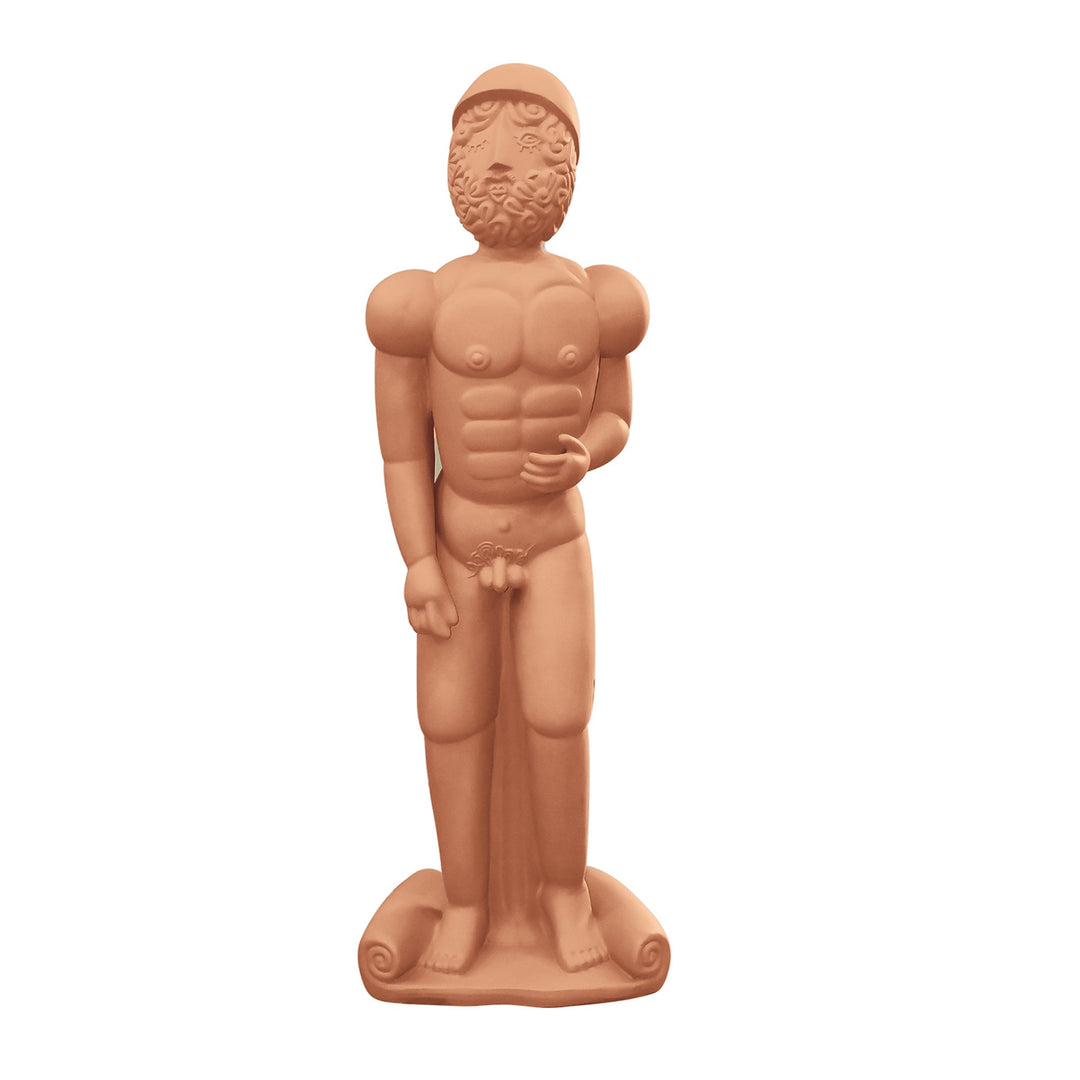 Seletti Magna Graecia Terracotta Bronzo Helmet Statue, life-size terracotta warrior statue wearing a helmet, front view
