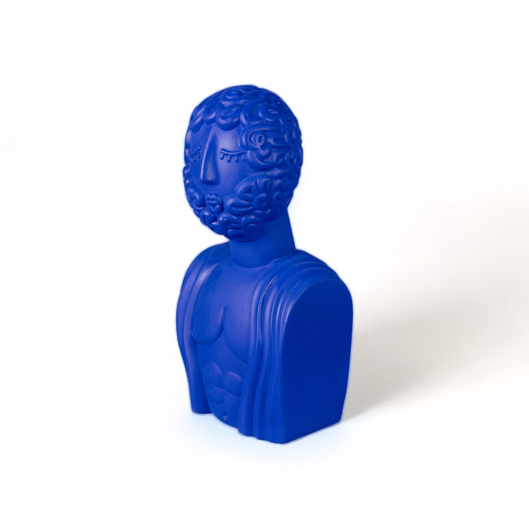 Seletti Magna Graecia Terracotta Bust Man Blue, three-quarter view of the curls and tunic folds