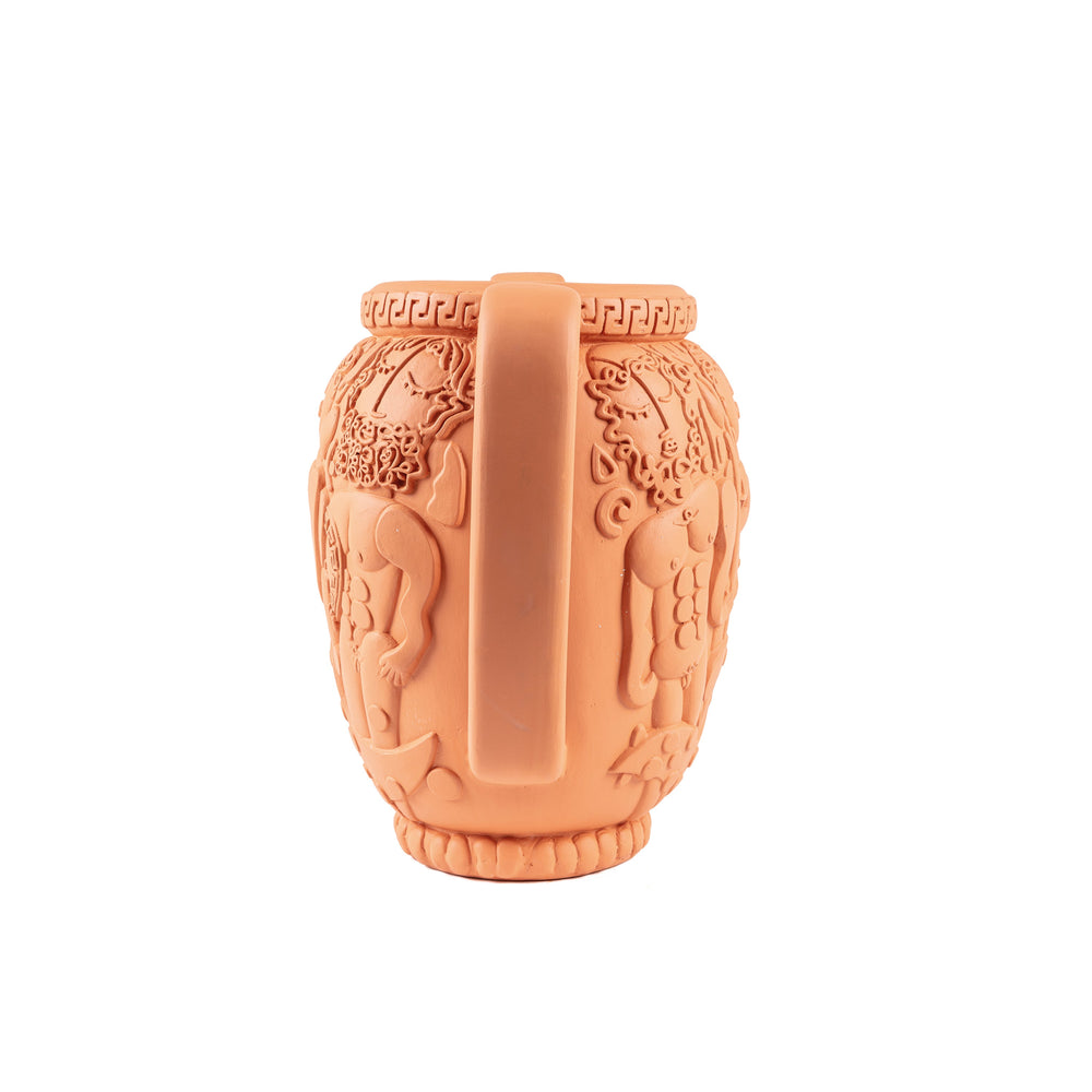 Seletti Magna Graecia Terracotta Amphora Vase, side view of the amphora showing a handle and the carved frieze