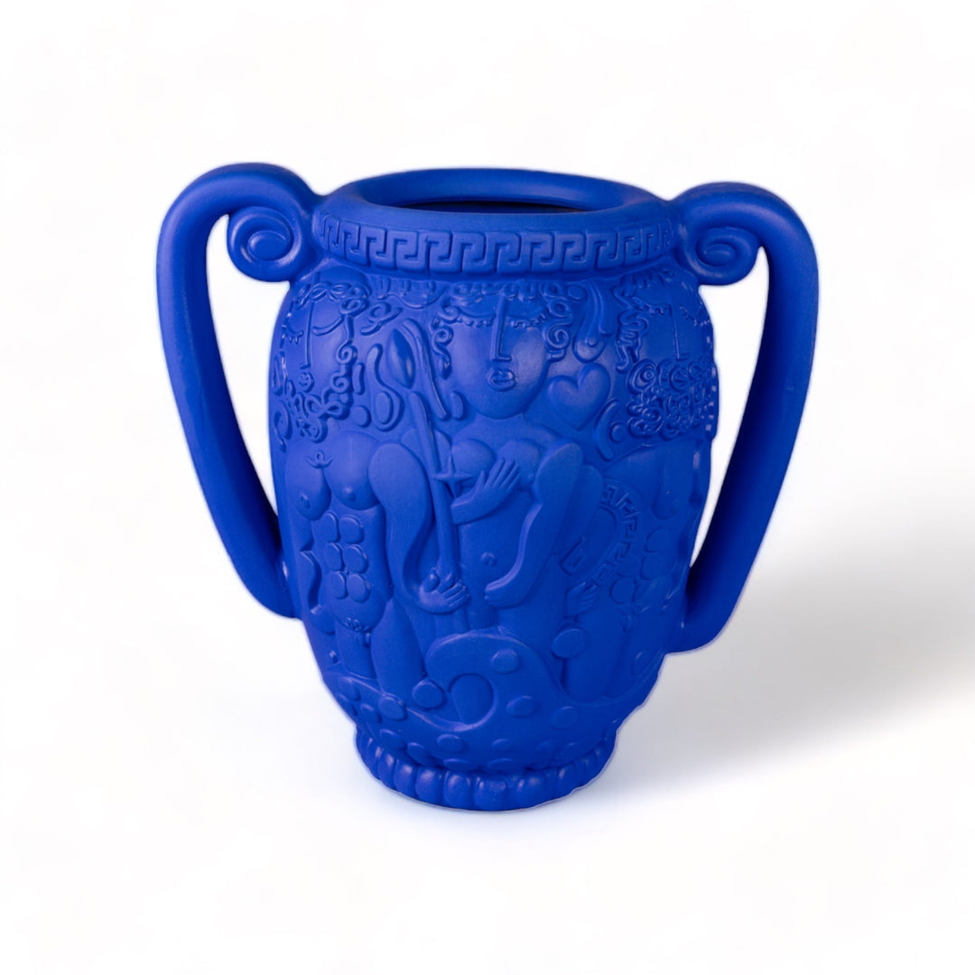 Seletti Magna Graecia Terracotta Amphora Vase Blue, the blue amphora from the side, relief in raking light