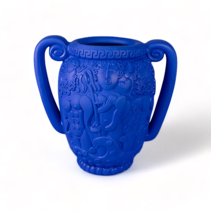 Seletti Magna Graecia Terracotta Amphora Vase Blue, the blue amphora from the side, relief in raking light