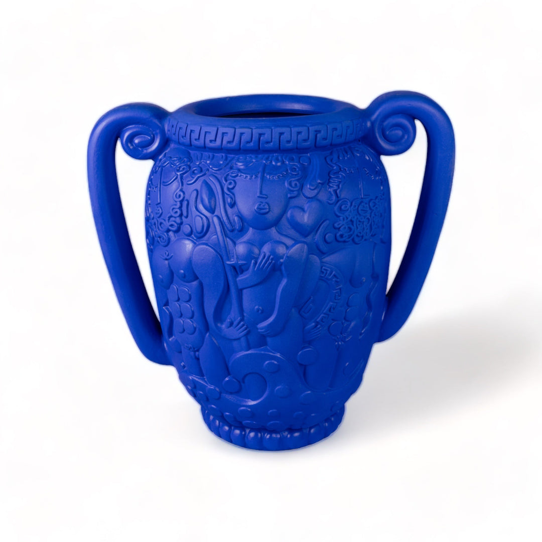 Seletti Magna Graecia Terracotta Amphora Vase Blue, cobalt blue amphora with looped handles and a relief of mythic figures