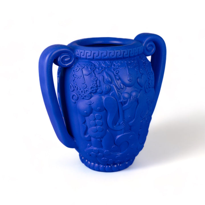 Seletti Magna Graecia Terracotta Amphora Vase Blue, three-quarter view of the blue amphora and its handles