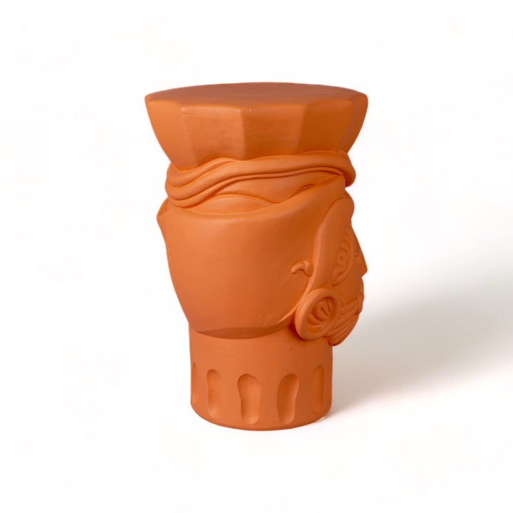 Seletti Magna Graecia Terracotta Stool Man, rear three-quarter view of the turban and fluted base