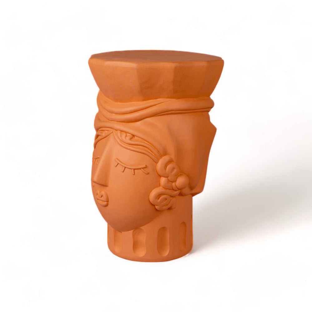 Seletti Magna Graecia Terracotta Stool Woman, three-quarter view of the woman's head stool and curled hair