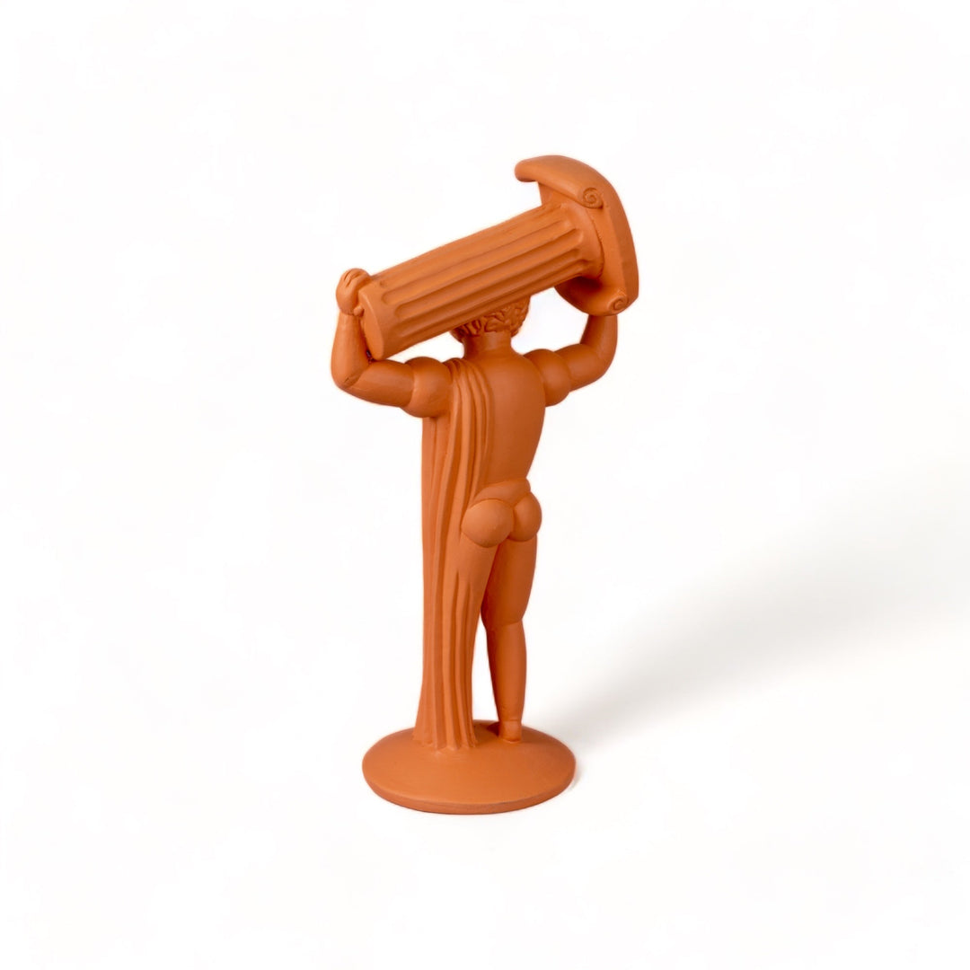 Seletti Magna Graecia Terracotta Statuette Ercole, three-quarter view of Hercules raising the column