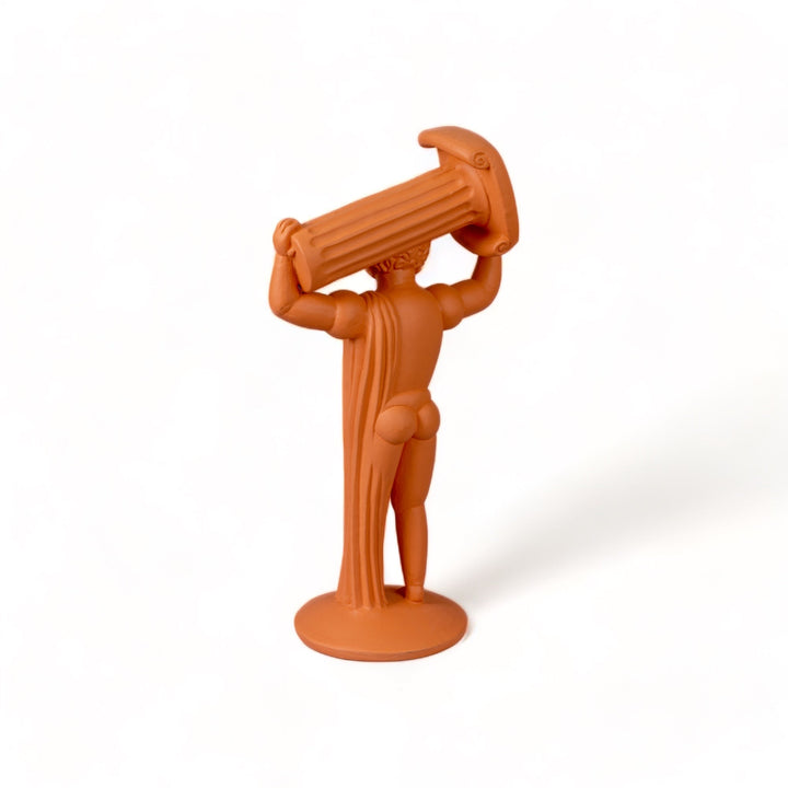 Seletti Magna Graecia Terracotta Statuette Ercole, three-quarter view of Hercules raising the column