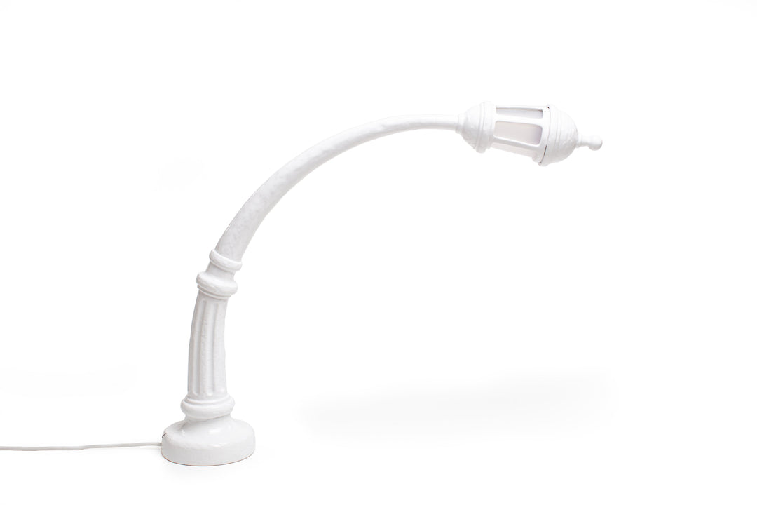 Seletti Sidonia Desk Lamp White, white resin desk lamp with an arched street lamp post and lantern head