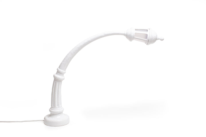 Seletti Sidonia Desk Lamp White, white resin desk lamp with an arched street lamp post and lantern head