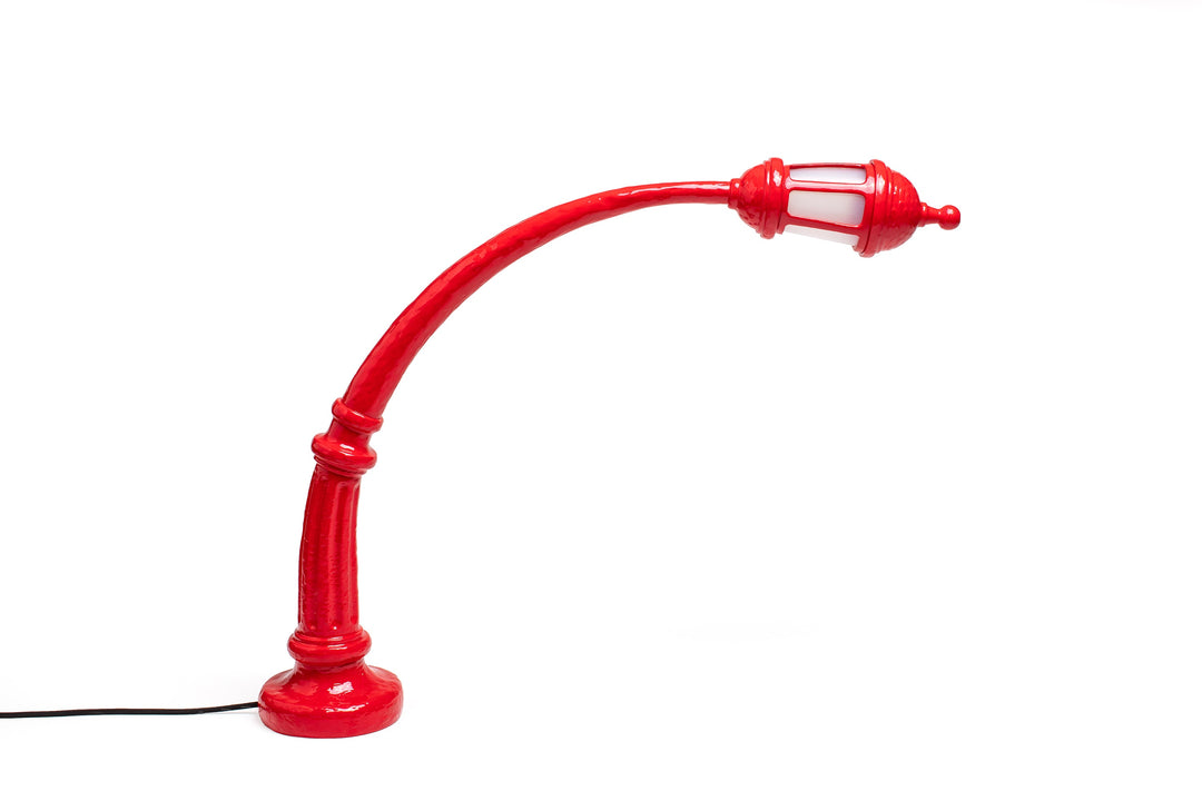 Seletti Sidonia Desk Lamp Red, red resin desk lamp shaped like an arched street lamp with a lantern head