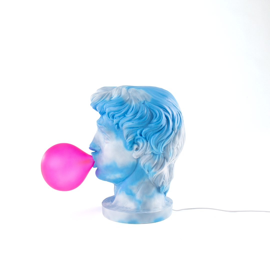 Seletti Wonder Cloud Bust Lamp, left profile of the cloud-marbled bust and pink bubble