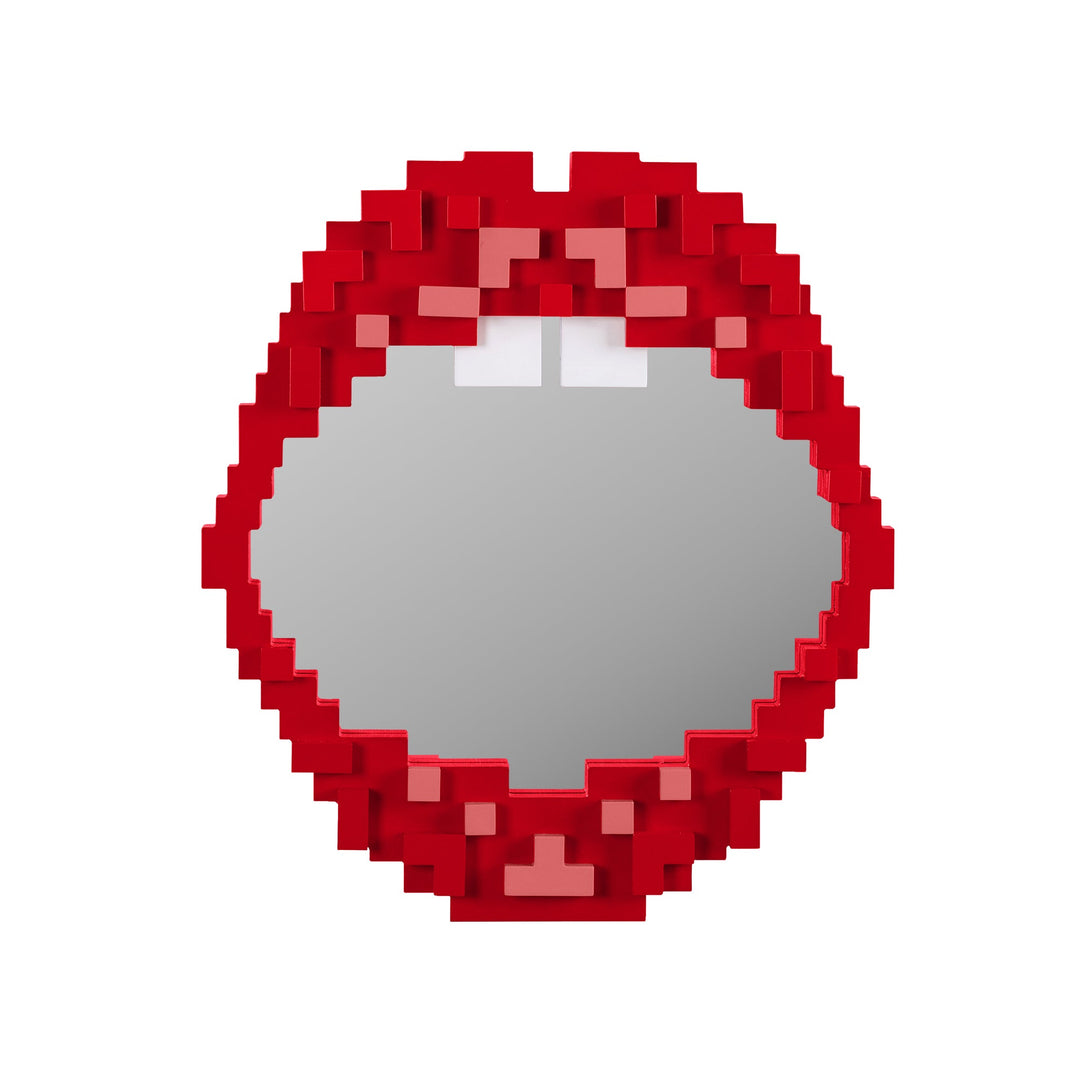 Seletti Pixel Mirror Mouth, oval mirror framed by red pixel lips with two white front teeth
