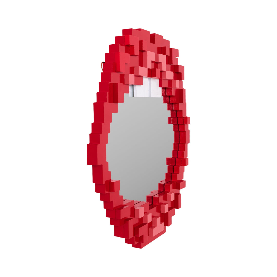 Seletti Pixel Mirror Mouth, side view showing the depth of the stepped red pixel frame
