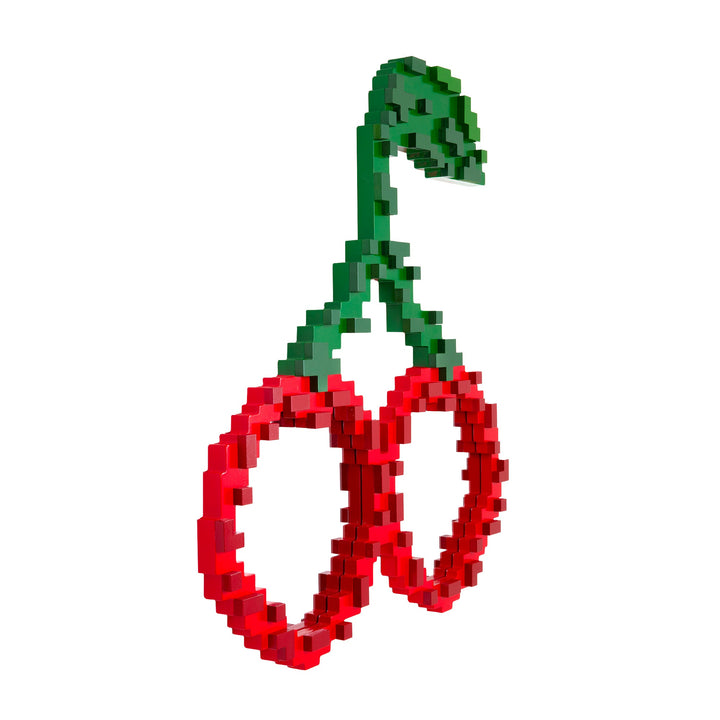 Seletti Pixel Mirror Cherries, angled view of the stepped red pixel frames and green stem