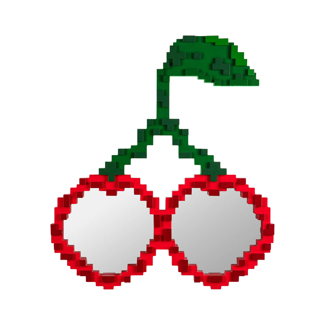Seletti Pixel Mirror Cherries, red pixel-block cherry frames around two round mirrors, with a green pixel stem and leaf