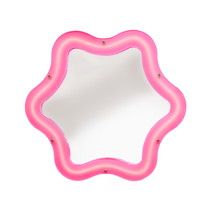 Seletti Supercurve Wavy Mirror Tiny Flower, small six-petal mirror in a glowing pink frame