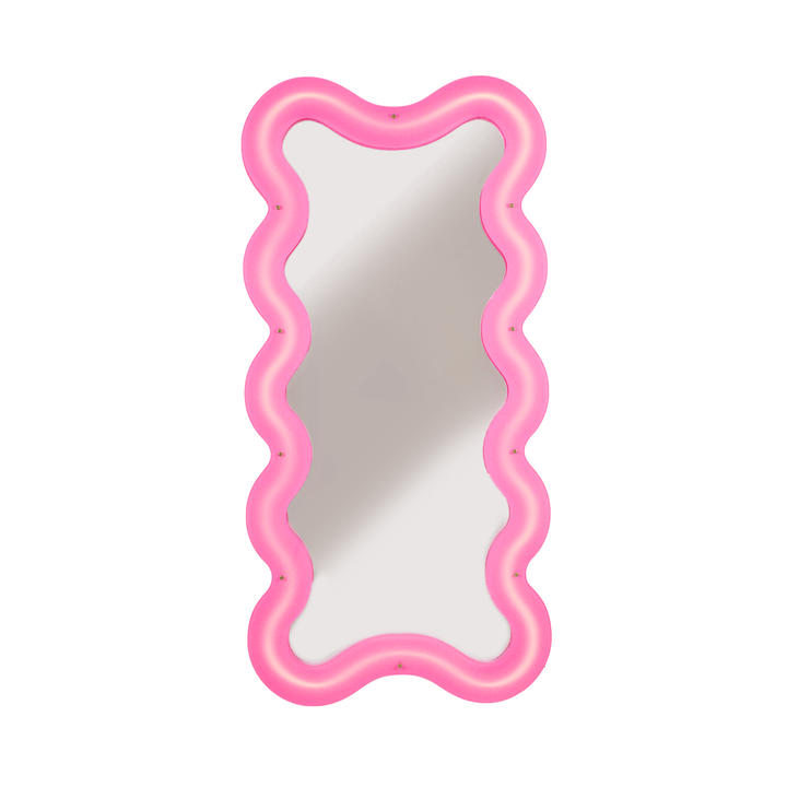 Seletti Supercurve Wavy Mirror Tall, tall wavy-edged mirror with a fluorescent pink plexiglass frame