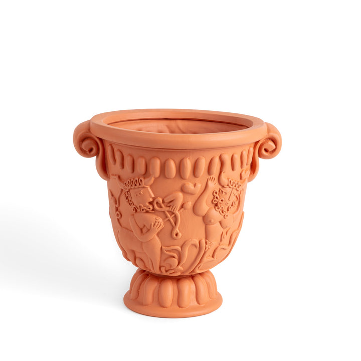 Seletti Magna Graecia Terracotta Cup, terracotta urn with scroll handles and a relief of classical figures, front