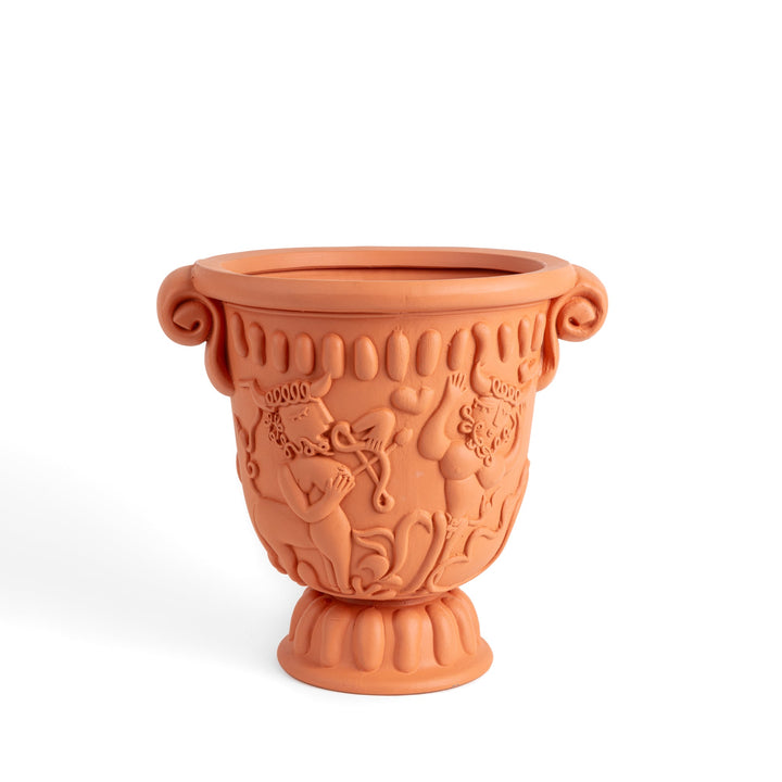 Seletti Magna Graecia Terracotta Cup, back view of the figural relief and pedestal foot