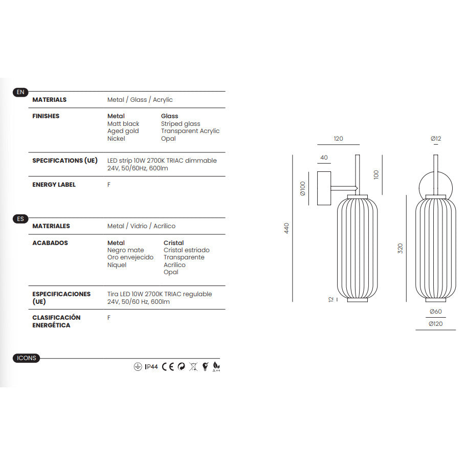 Elma Wall Lamp dimensions and technical details