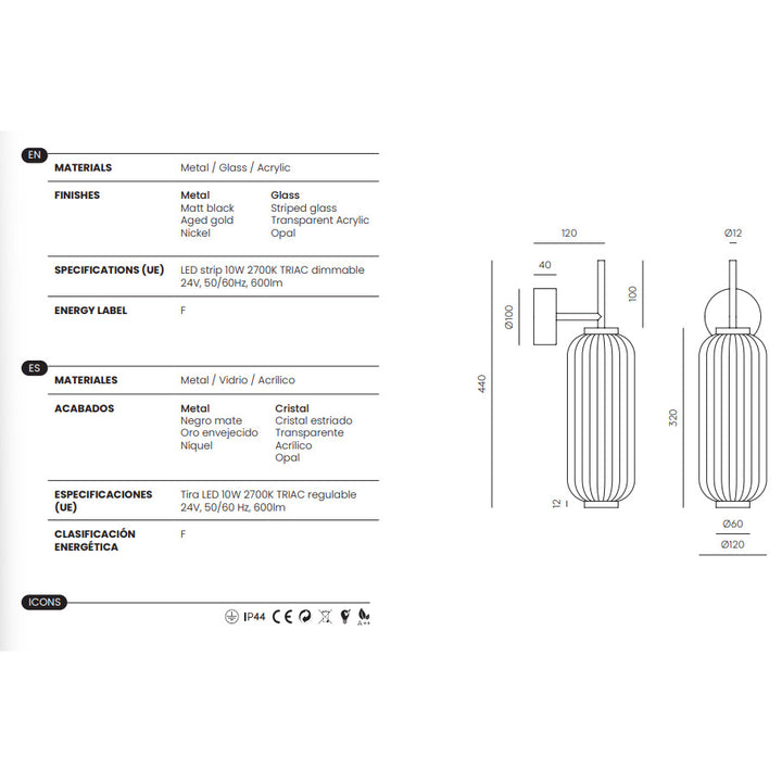 Elma Wall Lamp dimensions and technical details