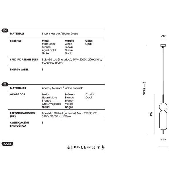 Anet Pendant Lamp dimensions and technical details