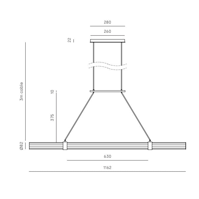Niro Pendant Lamp dimension drawing with cable and bar measurements