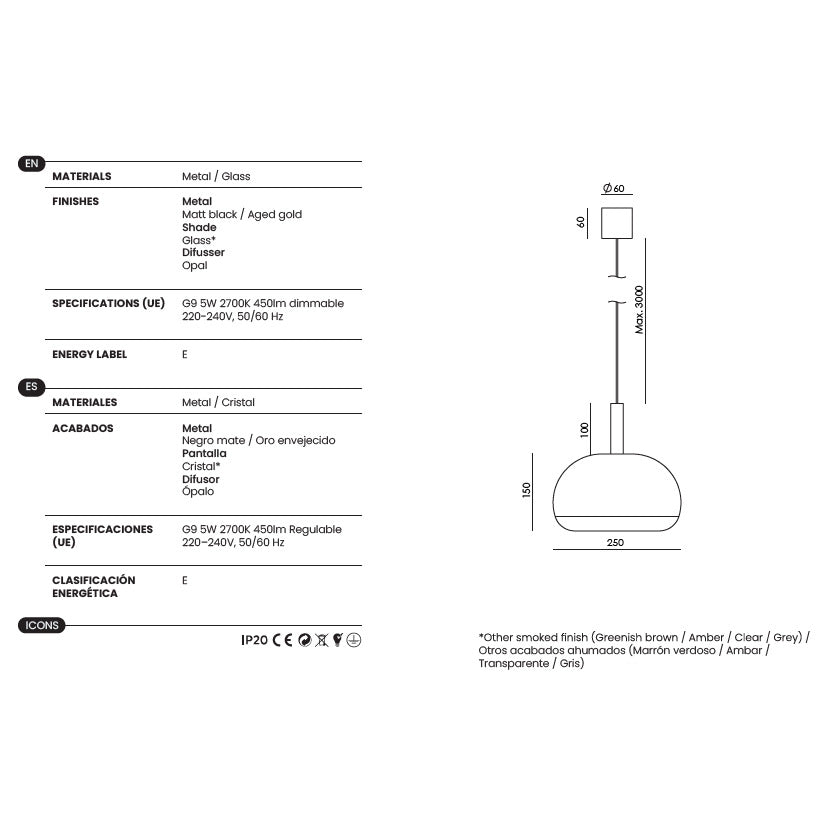 Cloud Single Pendant Lamp dimensions and technical details