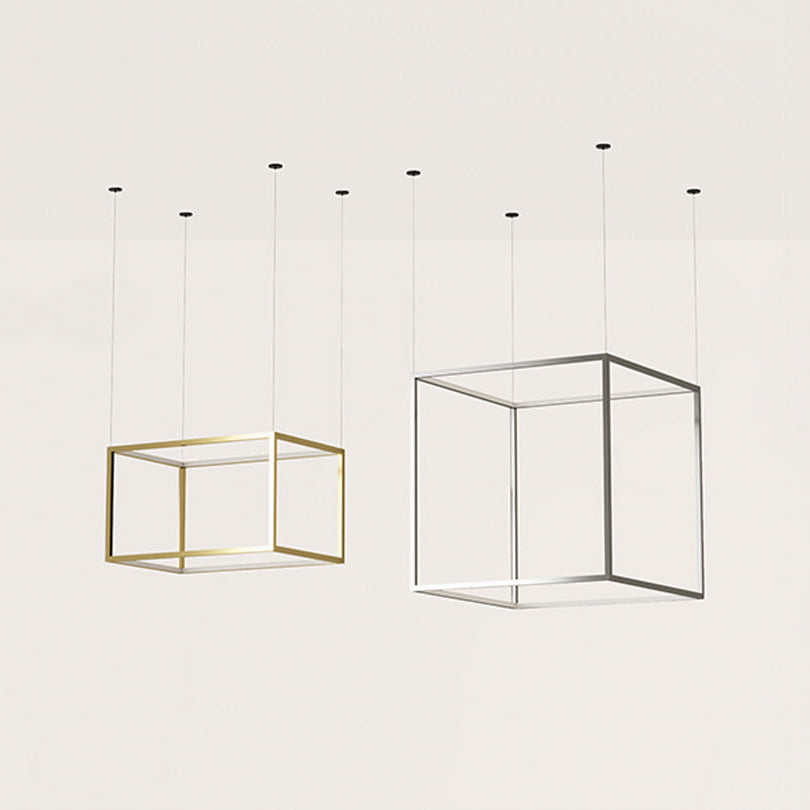 Cube X Pendant Lamp shown in gold and in silver, rectangular and cube frames side by side