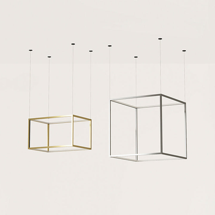 Cube X Pendant Lamp shown in gold and in silver, rectangular and cube frames side by side