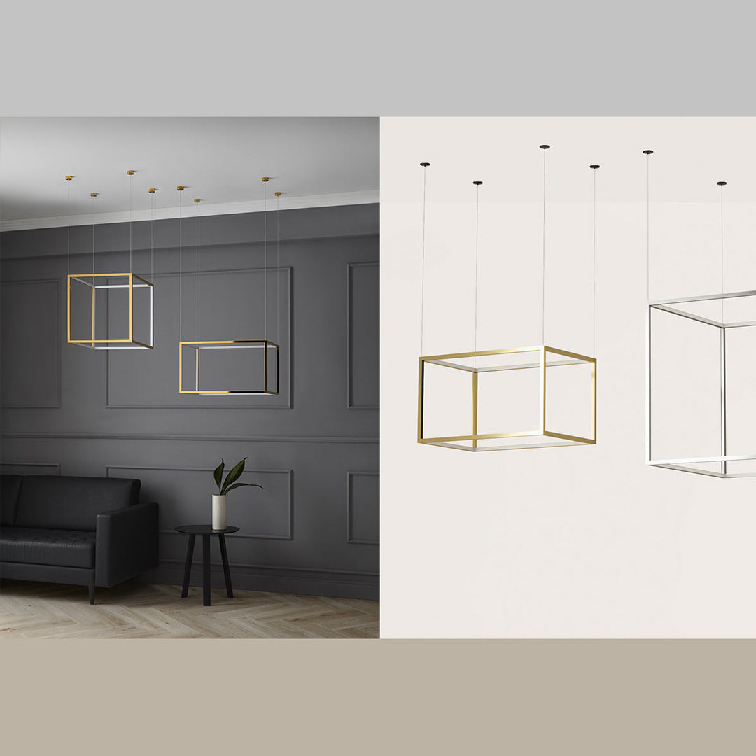 Cube X Pendant Lamps in gold above a black sofa in a grey panelled room, beside a studio view