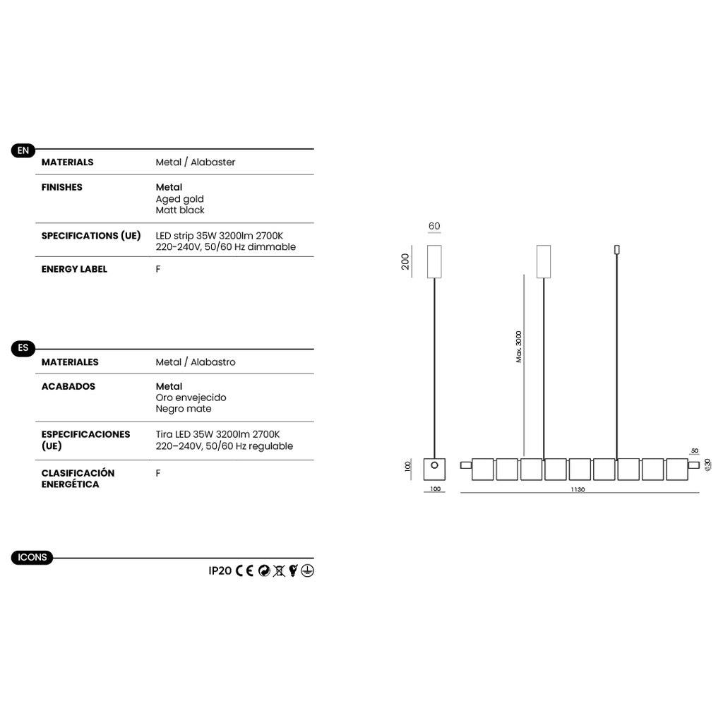 Cubic Linear Pendant dimensions and technical details