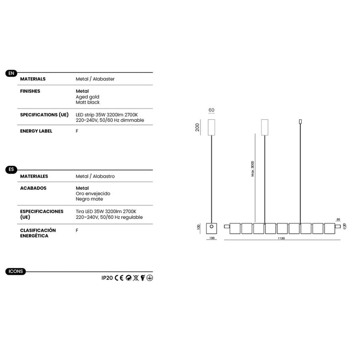 Cubic Linear Pendant dimensions and technical details