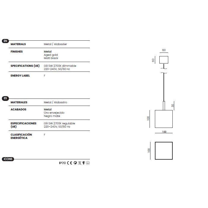 Cubic Single Pendant dimensions and technical details
