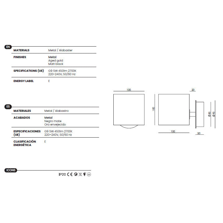 Cubic Wall Lamp dimensions and technical details