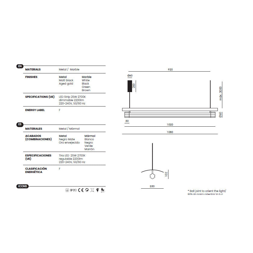 Tasta Pendant Lamp dimensions and technical details