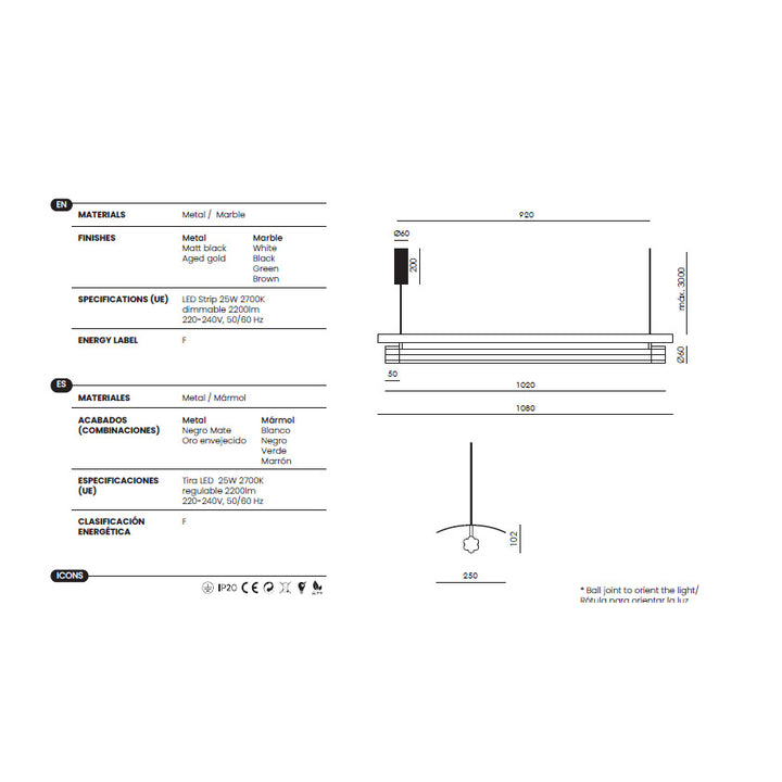 Tasta Pendant Lamp dimensions and technical details