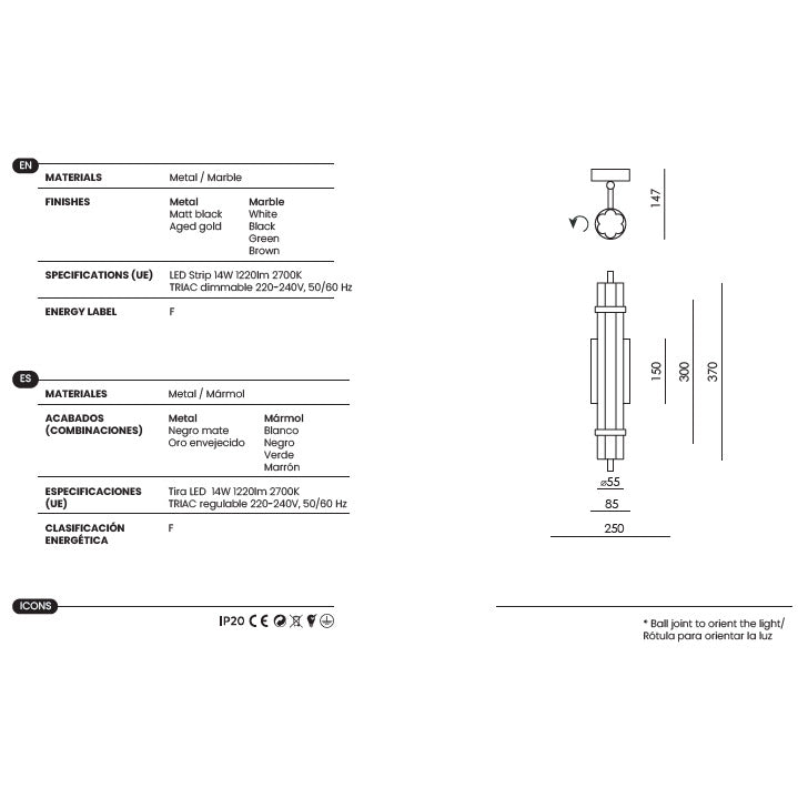 Tasta Wall Lamp dimensions and technical details