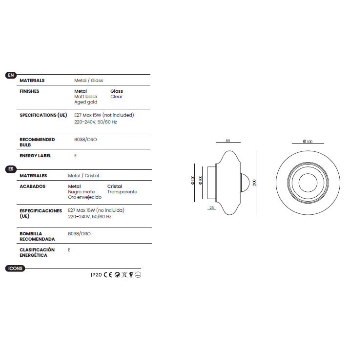 Vitree Wall Lamp dimensions and technical details